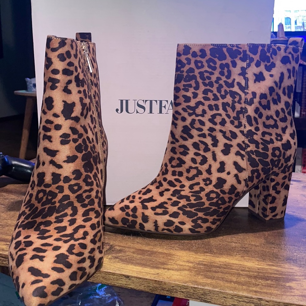 JustFab Leopard Print Heeled Booties (Wide Width/Wide Calf)